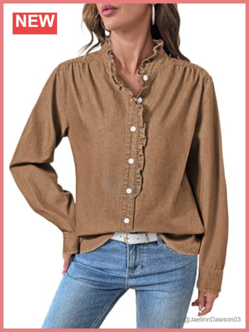 Ruffled Button Denim Shirt Long Sleeve V Neck Cotton Blend Blouse